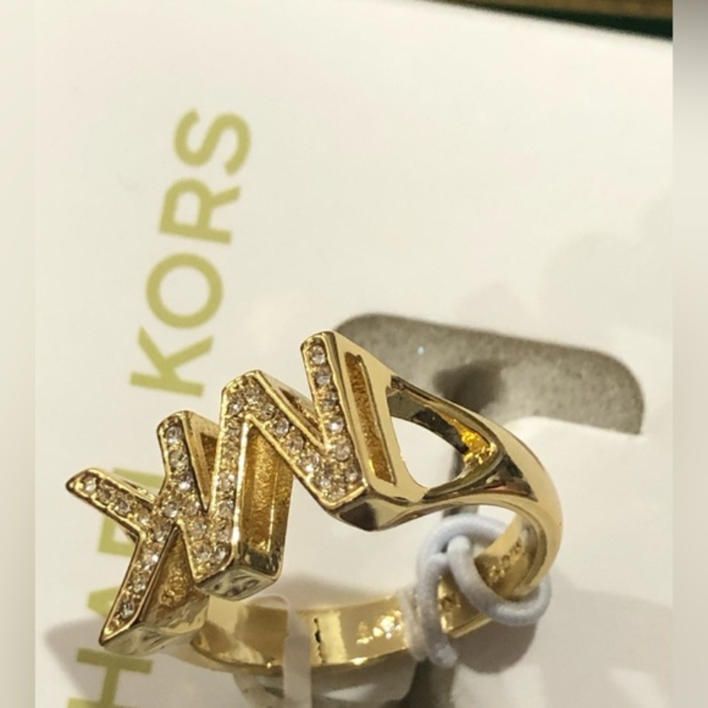 Michael Kors Gold-plated crystal rhinestone MK Logo Ring Size 7 new